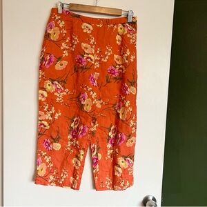 Vintage Linda Bertozzi orange floral linen capri pants 
size 10